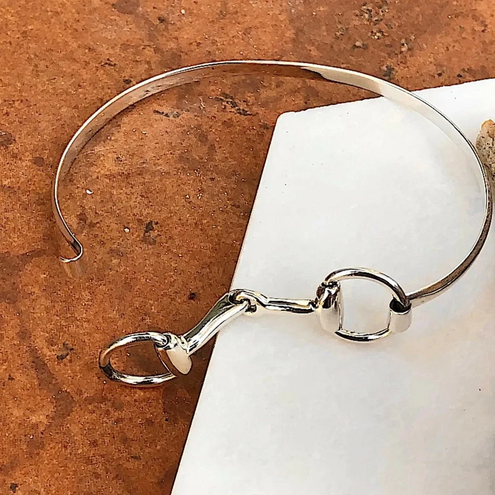 Sterling Silver HorseBit Design Unisex Bangle Bracelet - Picture 7 of 11
